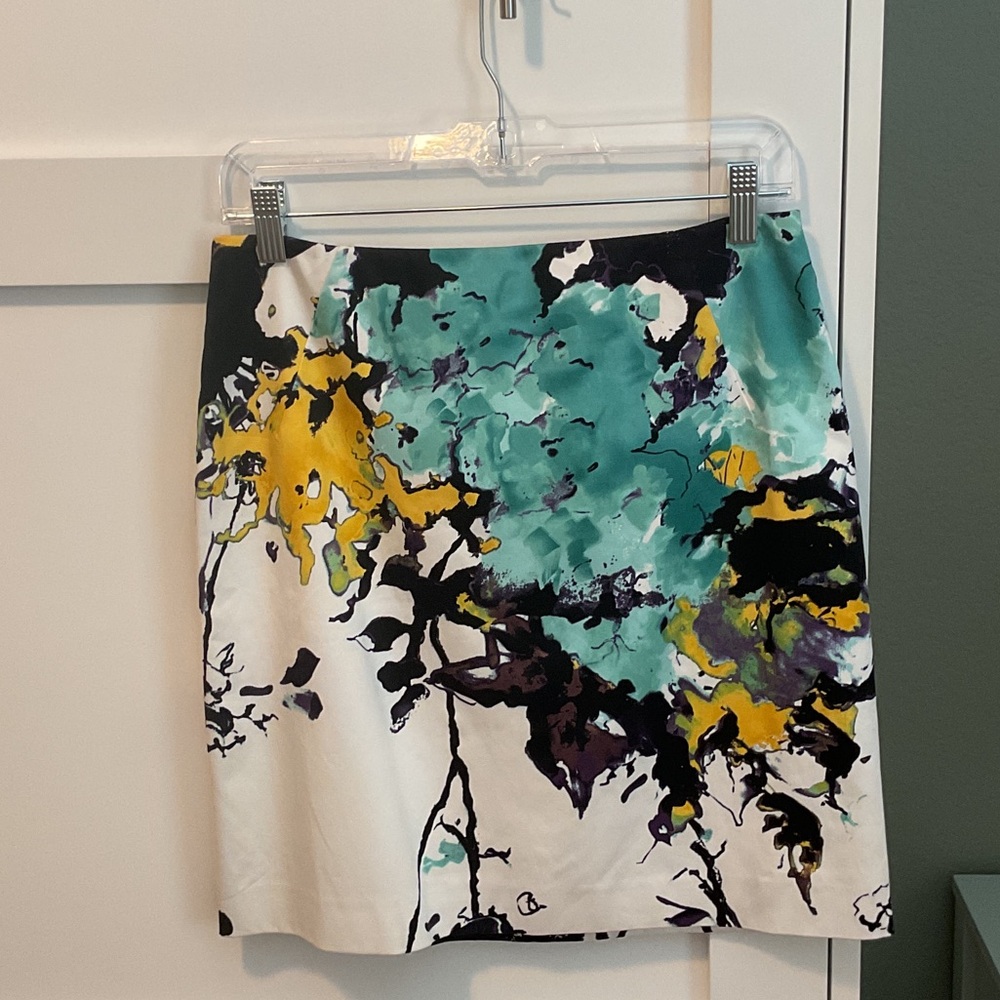 Tahari Abstract Floral Mini Skirt - Teal, Yellow, Black & White